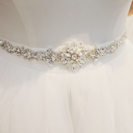 Crystal Pearl Bridal Wedding Belt Satin Ribbon Sash Waist Sash White Color Belt / Only One Size